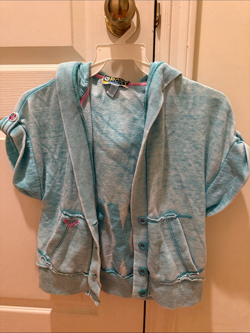 Roxy Light Blue Short-Sleeve Hooded Button Cardigan